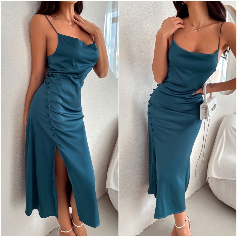 Boho Button Detail Slit Cami Midi Dress Teal Blue - Picture 6 of 8